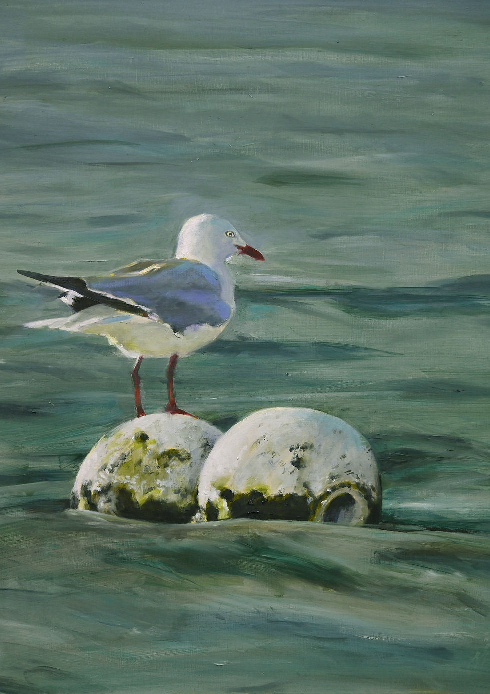 Fine art oil painting print titled 'Drifting Gaze' featuring a seagull resting on a weathered buoy in open water.