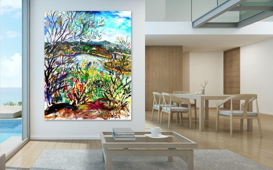 Wildflowers Above the Bay – Original Coastal Landscape Painting. displayed in beach house.