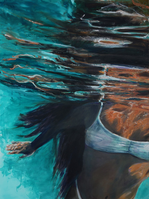 painting of a young black haired woman swimming underwater, reflections on surface of water