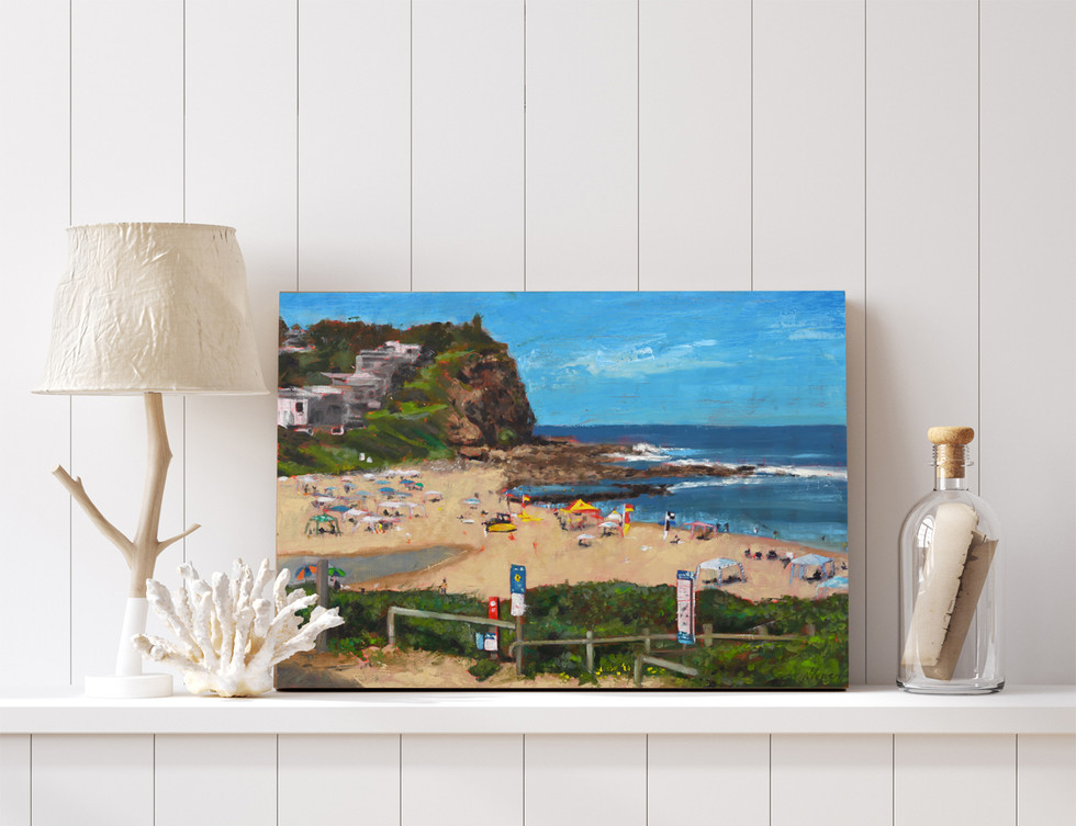 Oil painting of a crowded Copacabana beach with colourful umbrellas, lifesaver tent, and flags. Displayed in a home interior