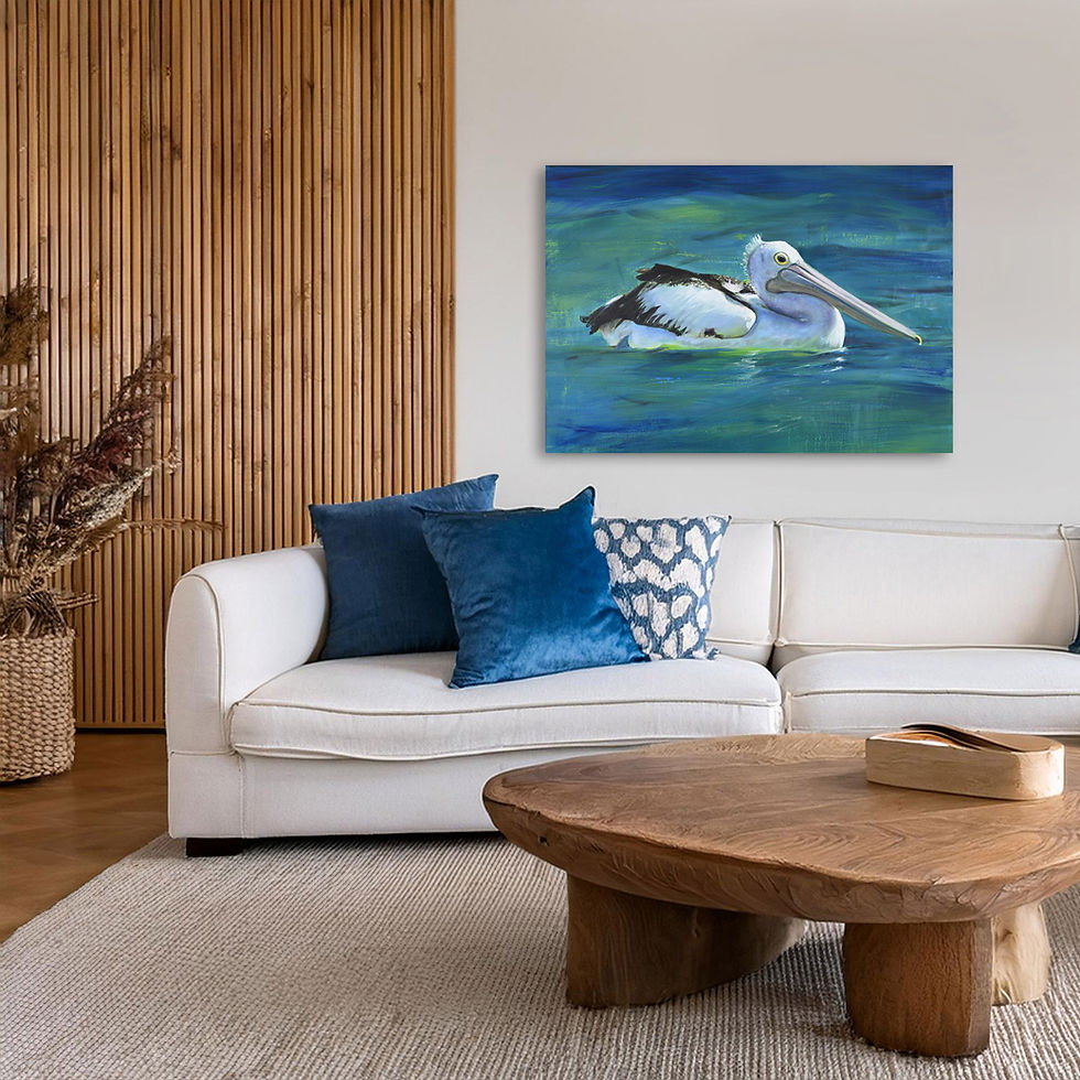 Pelican print canvas hung above sofa