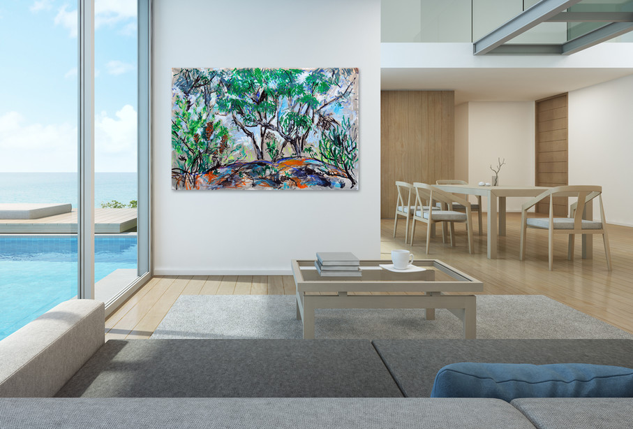 Oversized, colourful coastal bush painting with water glimpses.