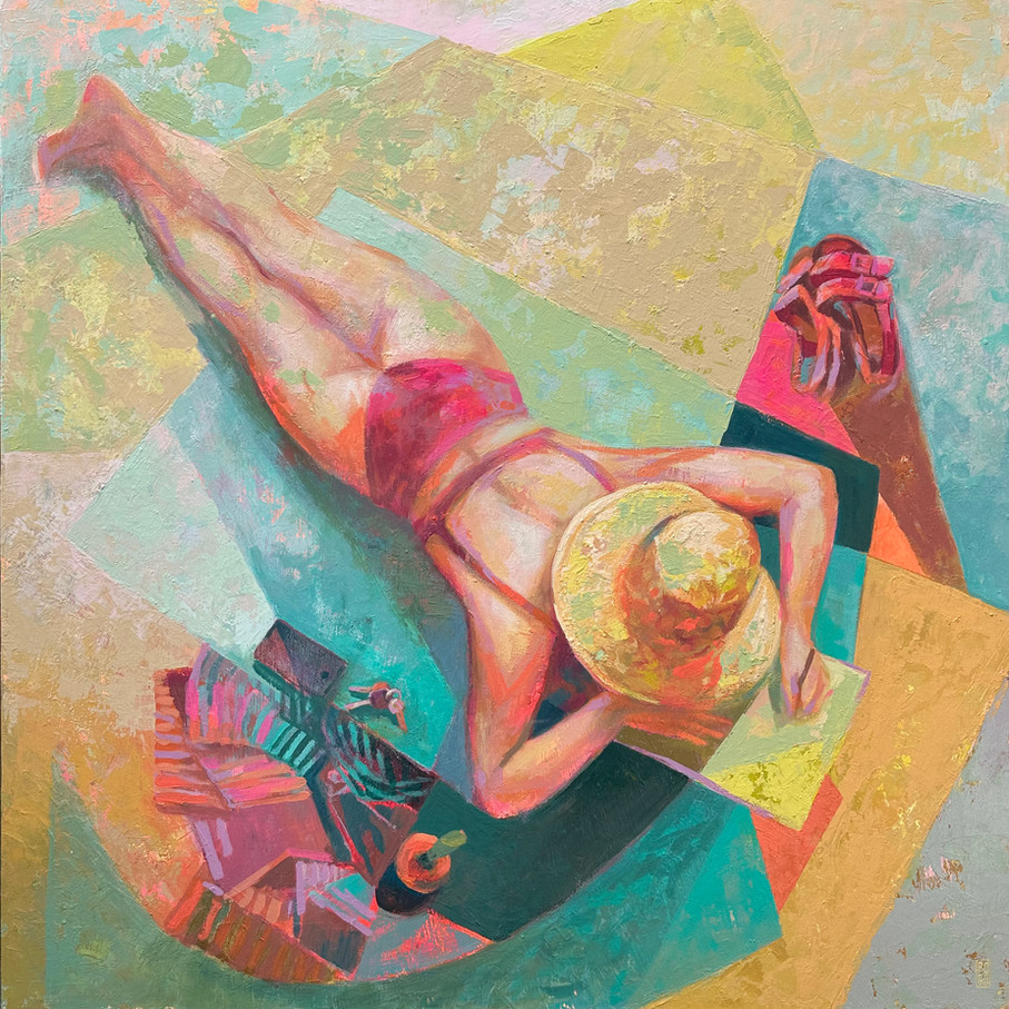 painting of a woman lying on a beach towel writing in her diary.