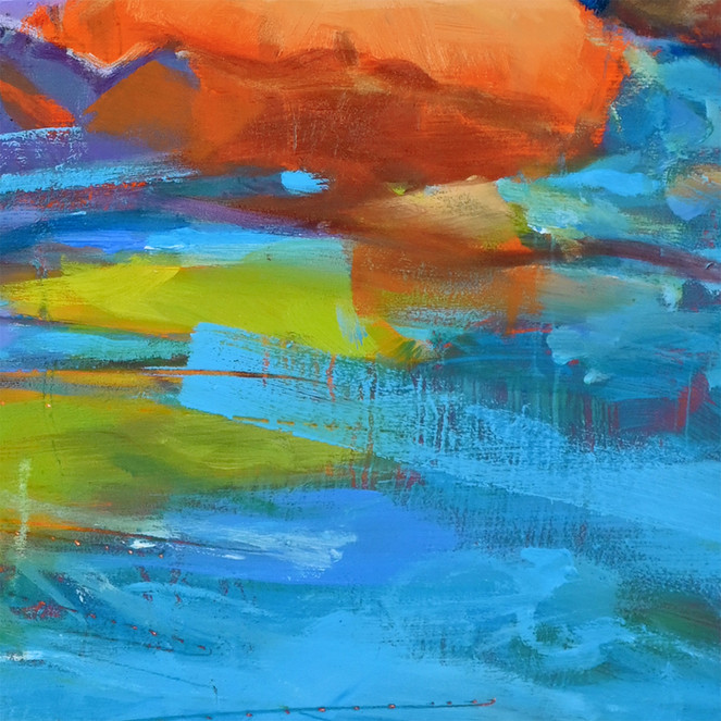 Abstract painting with orange, blue, and green brushstrokes