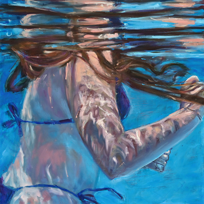 painting of a woman with long hair, swimming underwater