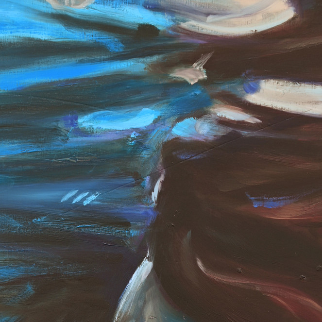 Abstract painting of blue and brown hues, depicting a flowing, dynamic composition.