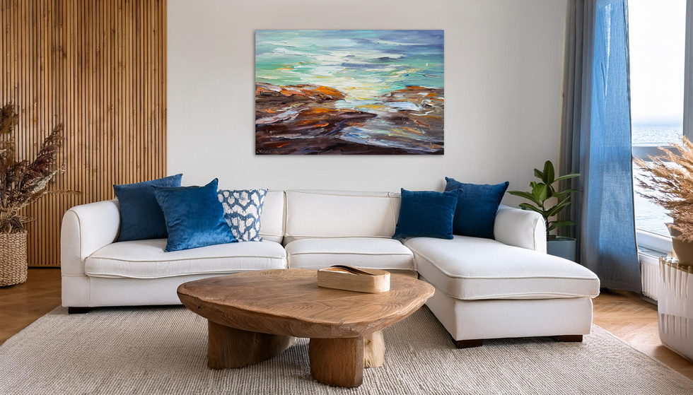 textured palette knife abstract seascape painting hanging in a beach house