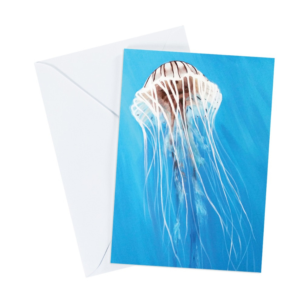 A vertical A6 greeting card titled 'In the Blue' featuring a detailed white jellyfish painted in acrylic.