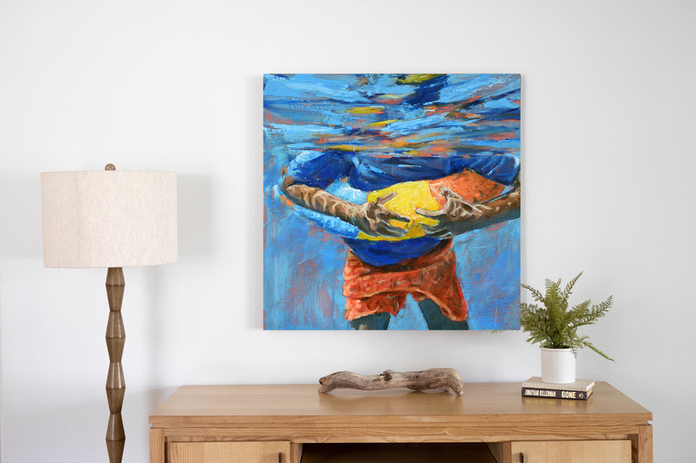 Painting of a person underwater holding a yellow and orange object, Seascape - Squeaky Beach No 8 - 122x91x4cm, Coastal Art Gallery