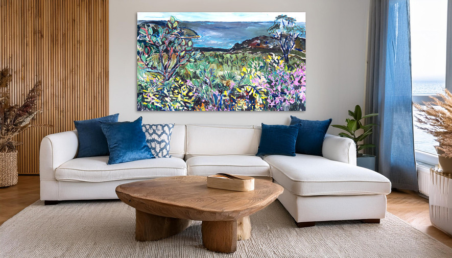 Through the Bush to Blue – Original Coastal Landscape Painting displayed in modern coastal home