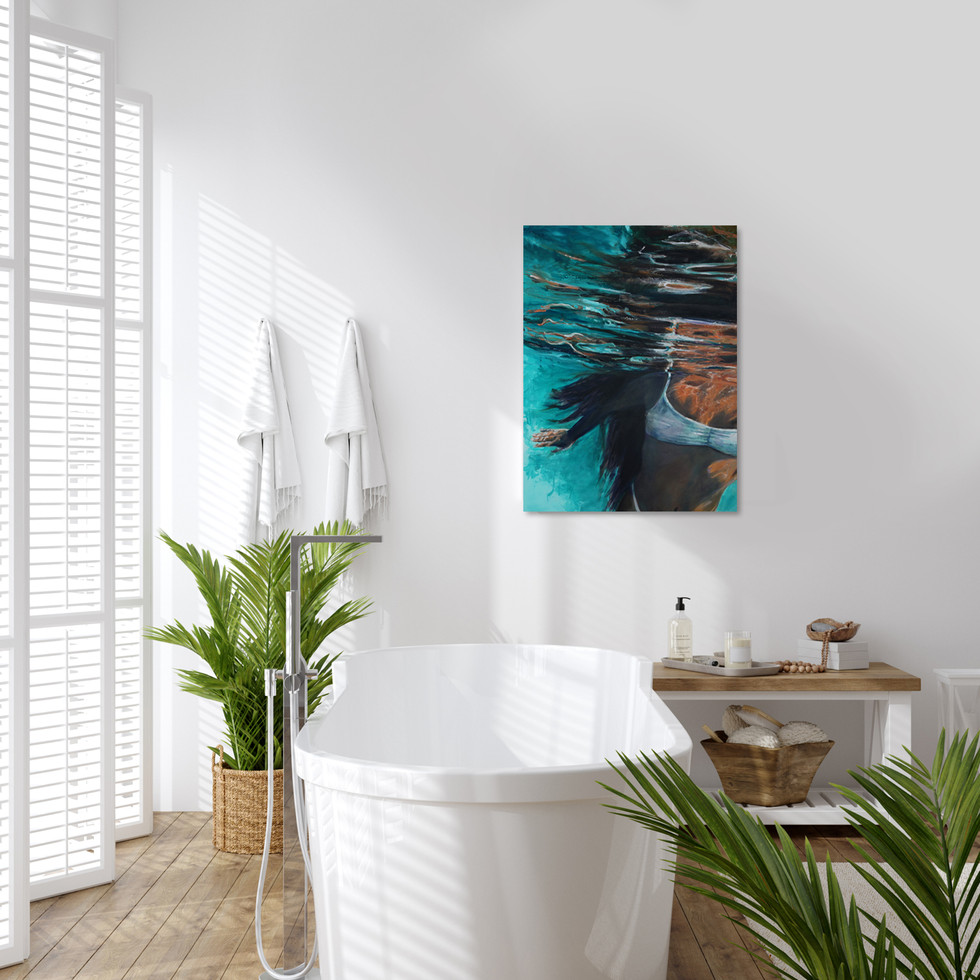 painting of a young black haired woman swimming underwater, reflections on surface of water. Painting hanging in a bathroom