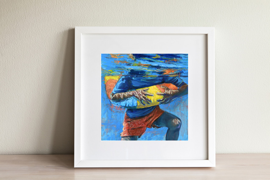 Painting of a person holding a yellow and orange object underwater, framed in white.