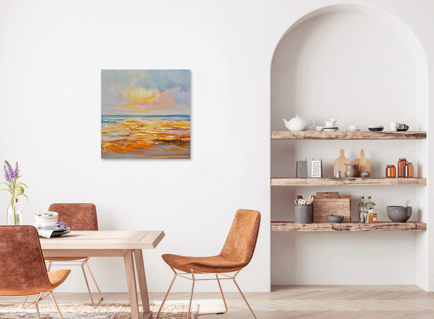palette knife seascape painting, hanging in a home interior