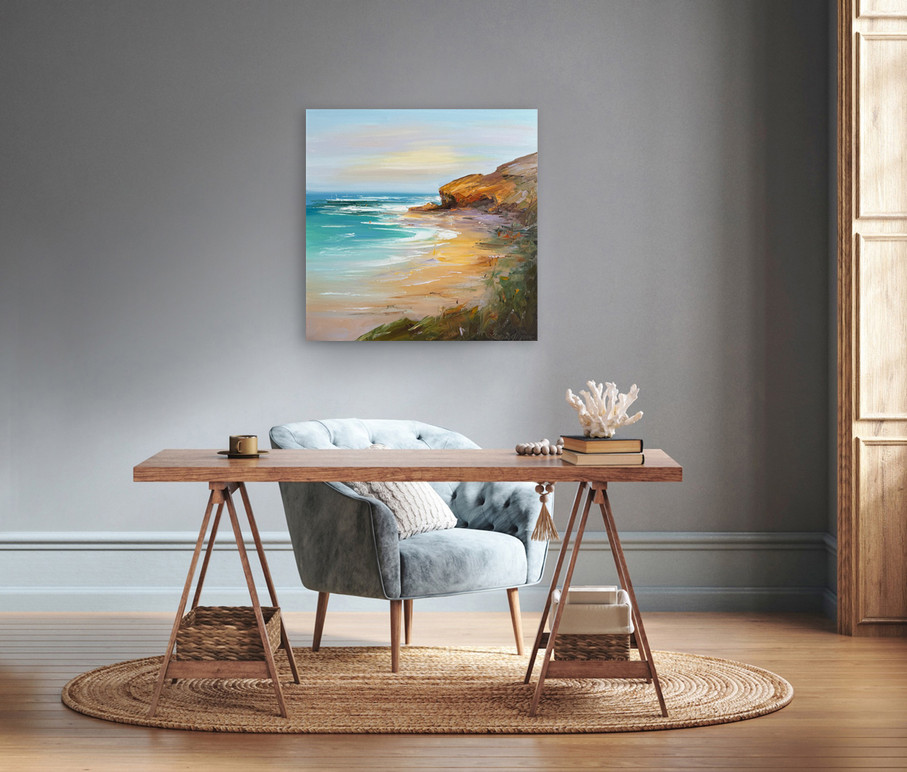 Textured palette knife seascape painting of Sorento Back Beach displayed in a coastal home office