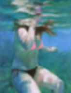 painting of a young women swimming in a pink bikini top, reflection on the waters surface