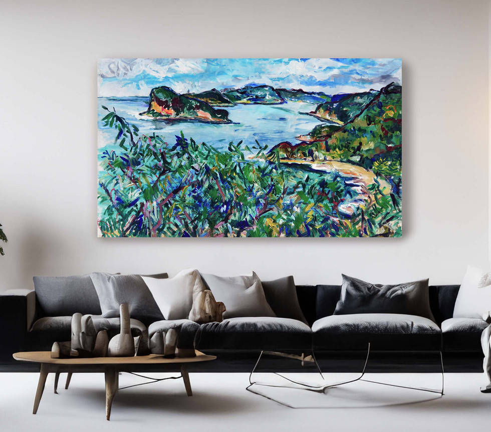 Between Trees and Tide – Original Coastal Landscape Painting_Pearl Beach NSW. Displayed in living room