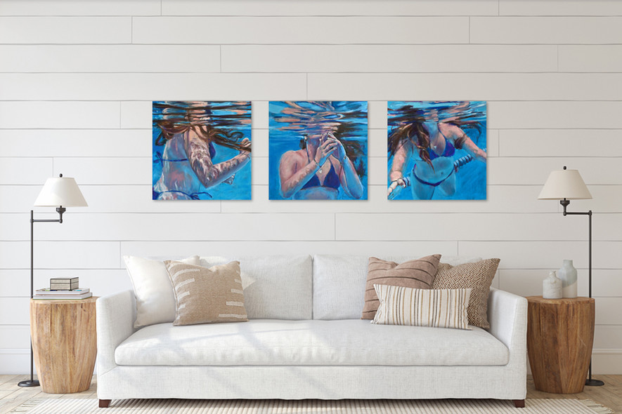 3 matching prints of a woman swimming underwater