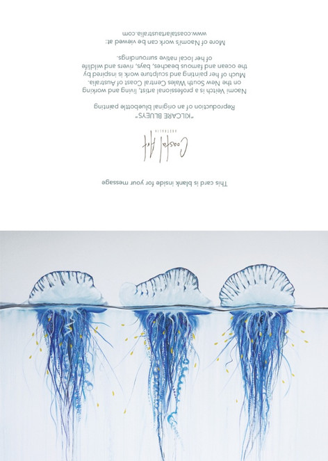 greeting card of 'Kilcare Blueys,' blue bottles