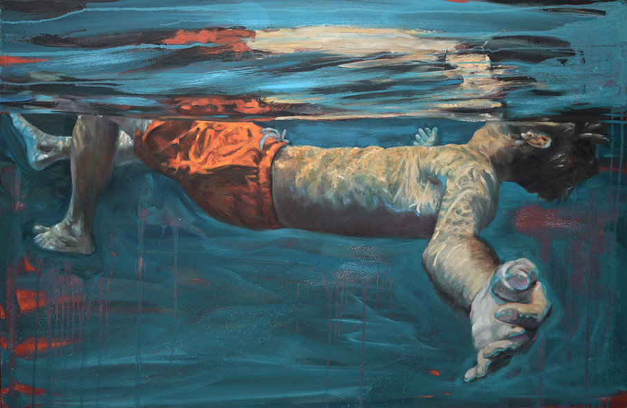 painting of a man floating in water
