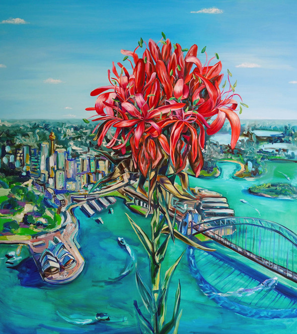 Harbour Bloom – Original Gymea Lily & Sydney Harbour Painting