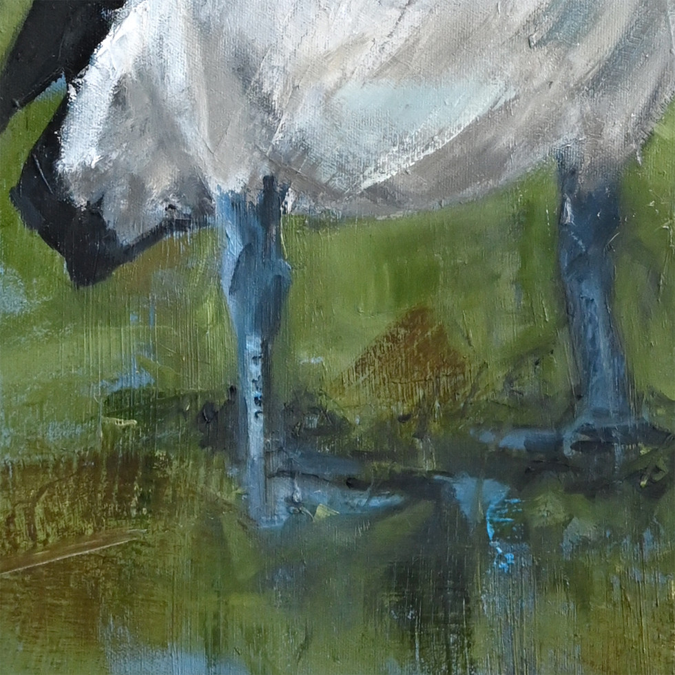 Detailed view of the brushstrokes and vibrant landscape hues in the pelican print.