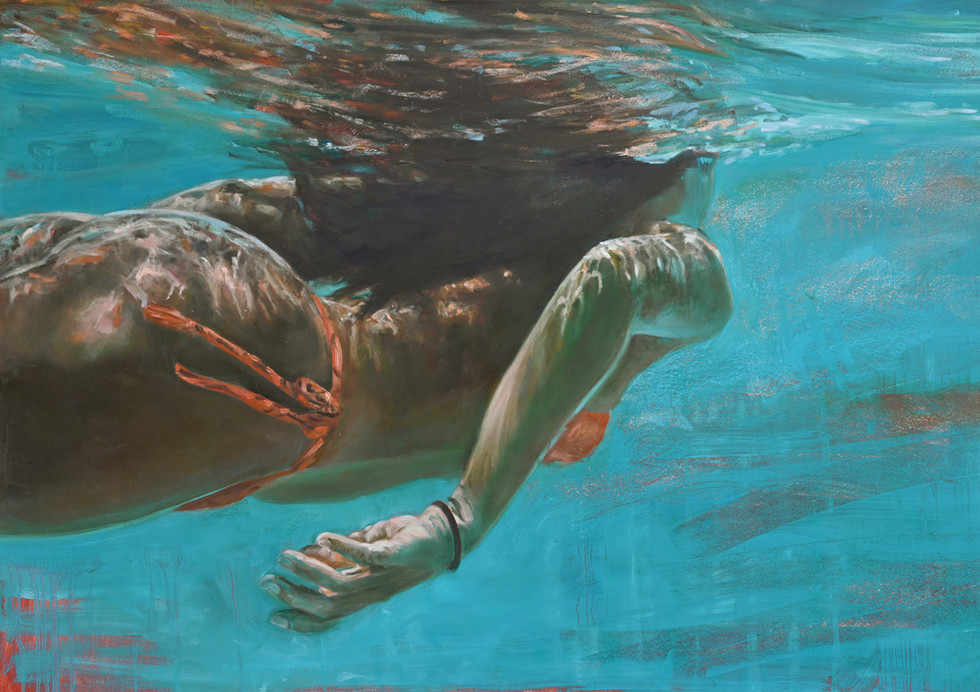 Painting of a woman swimming underwater, wearing an orange bikini bottom, with long brown hair.