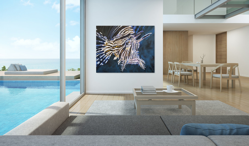 statement Painting of a lionfish displayed in a beach house