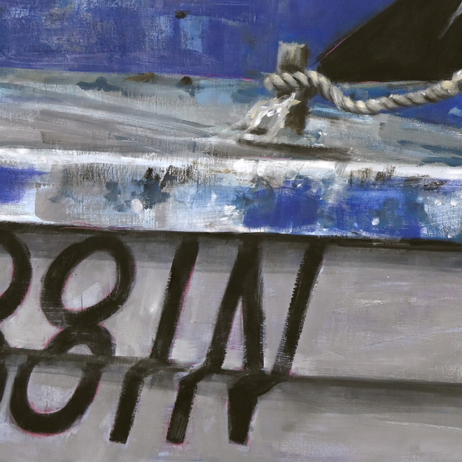 Close-up of the weathered tinny boat in 'The Captain’s Nap' showing realistic textures of worn paint and delicate rust.
