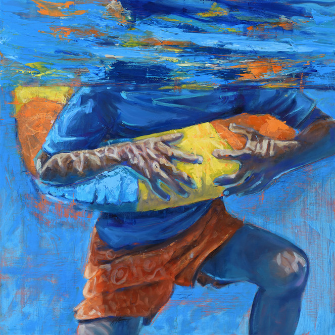 painting of a boy floating in an inflatable ring