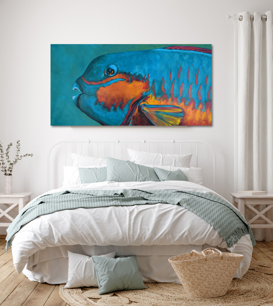 colourful Parrotfish painting displayed in a bedroom