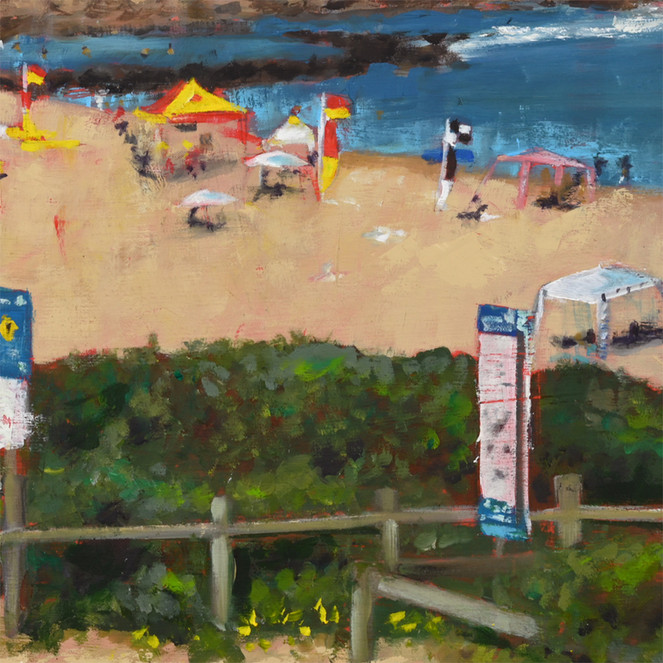 Detail of an Oil painting of a crowded Copacabana beach with colourful umbrellas, lifesaver tent, and flags