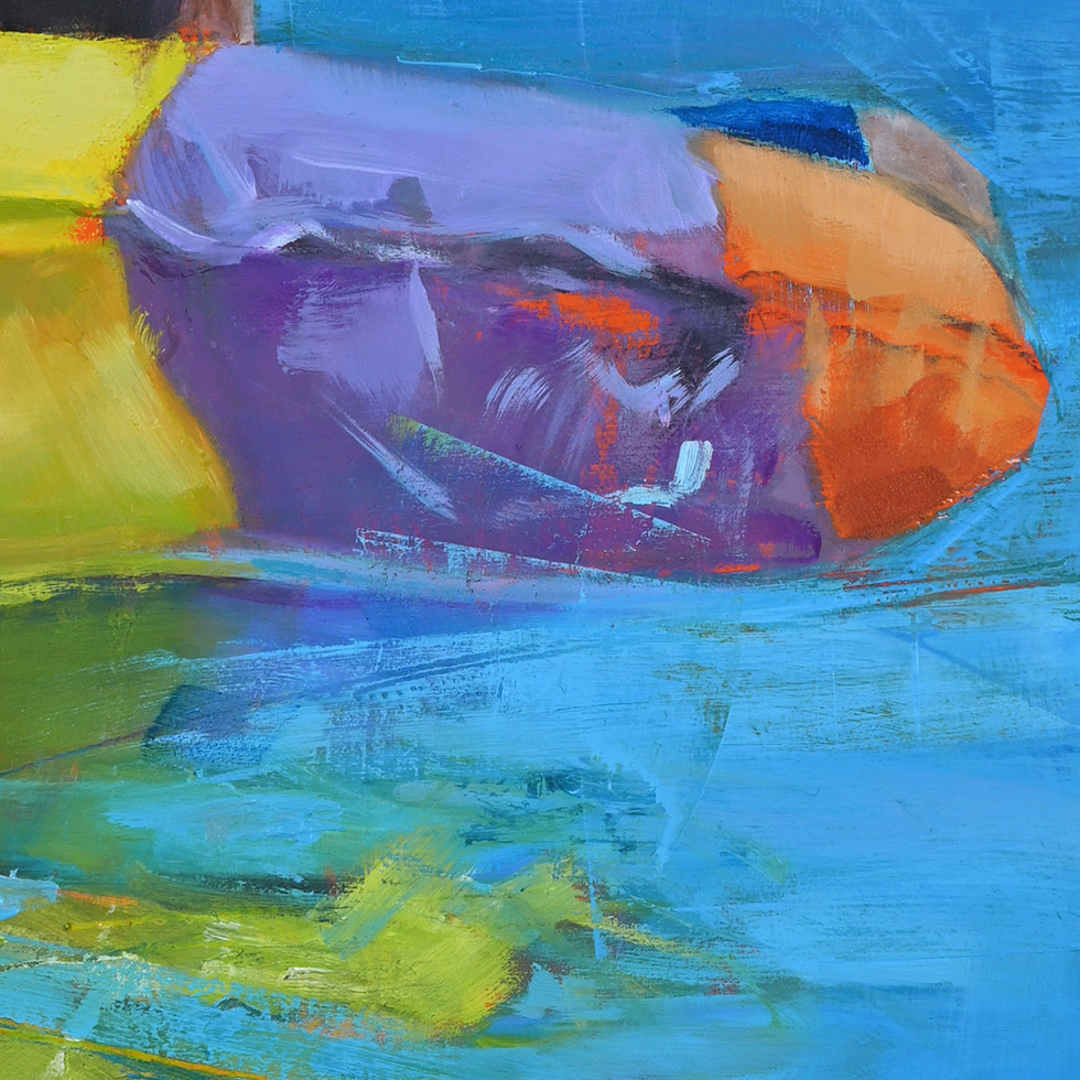 Abstract painting with bright colors and brushstrokes, in shades of blue, purple, orange, and yellow.