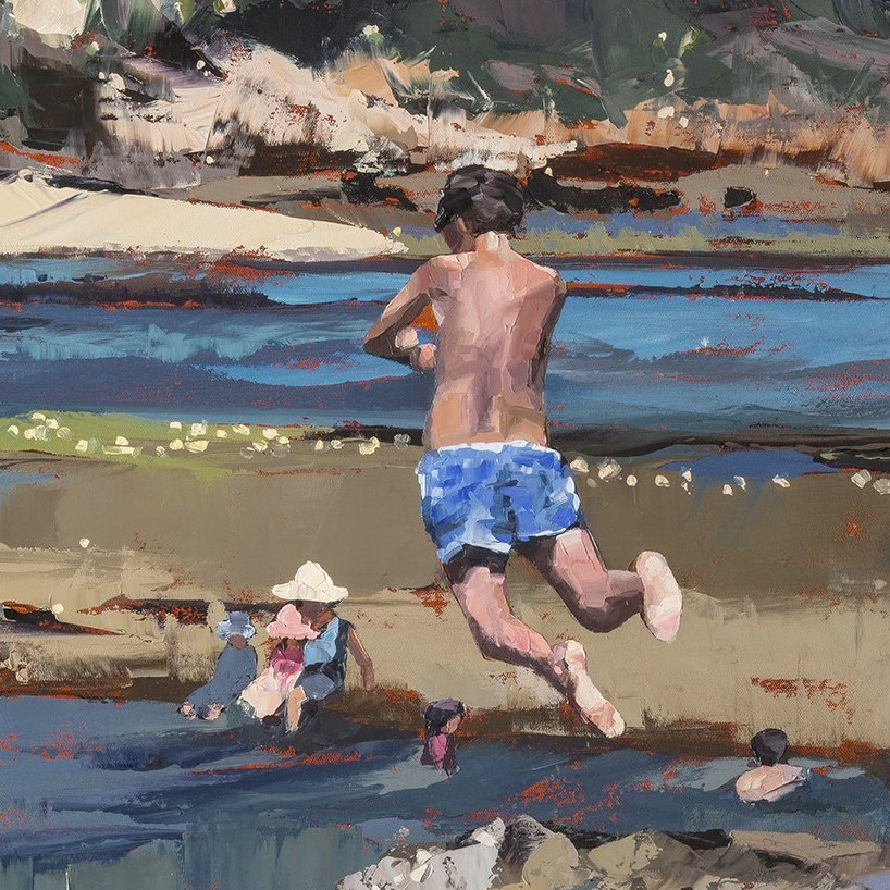 Close-up of "Rockpool Jumping V" painting by Claire McCall, showing thick palette knife strokes that form a boy leaping