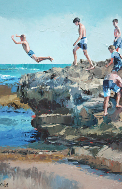 limited edition print of kids climbing rocks at the beach, and 1 jumping into the rockpool below