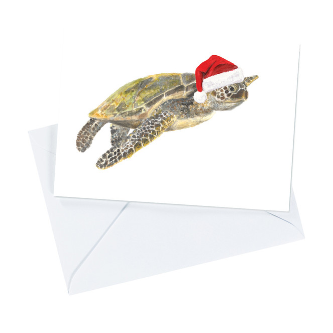 sea turtle with Christmas hat greeting card and envolope