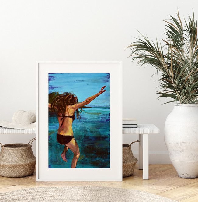 Woman in a black bikini jumping into water, arms outstretched, painted in blue and green tones, framed against a white wall.