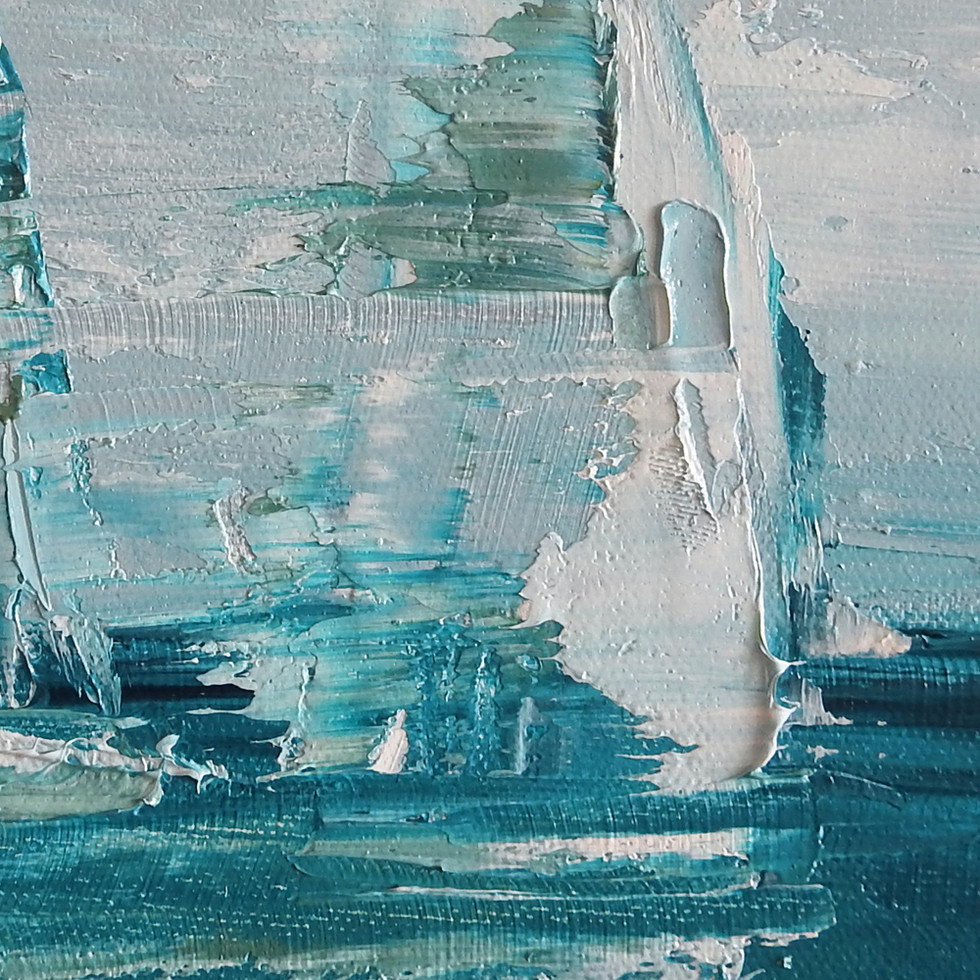 Detailed view of the semi-abstract brushwork and maritime colors in the Passing By 4 print.
