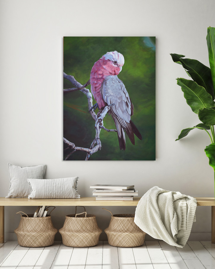 'Blush Galah' artwork in a bright entryway, bringing the organic green and pink colours of the bush indoors.