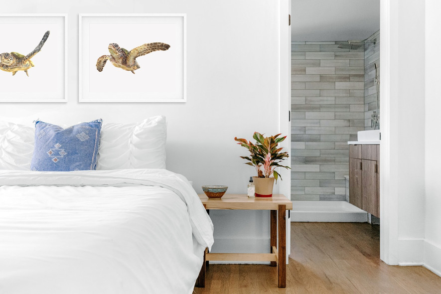 framed, watercolour sea turtle print set, displayed in a bedroom