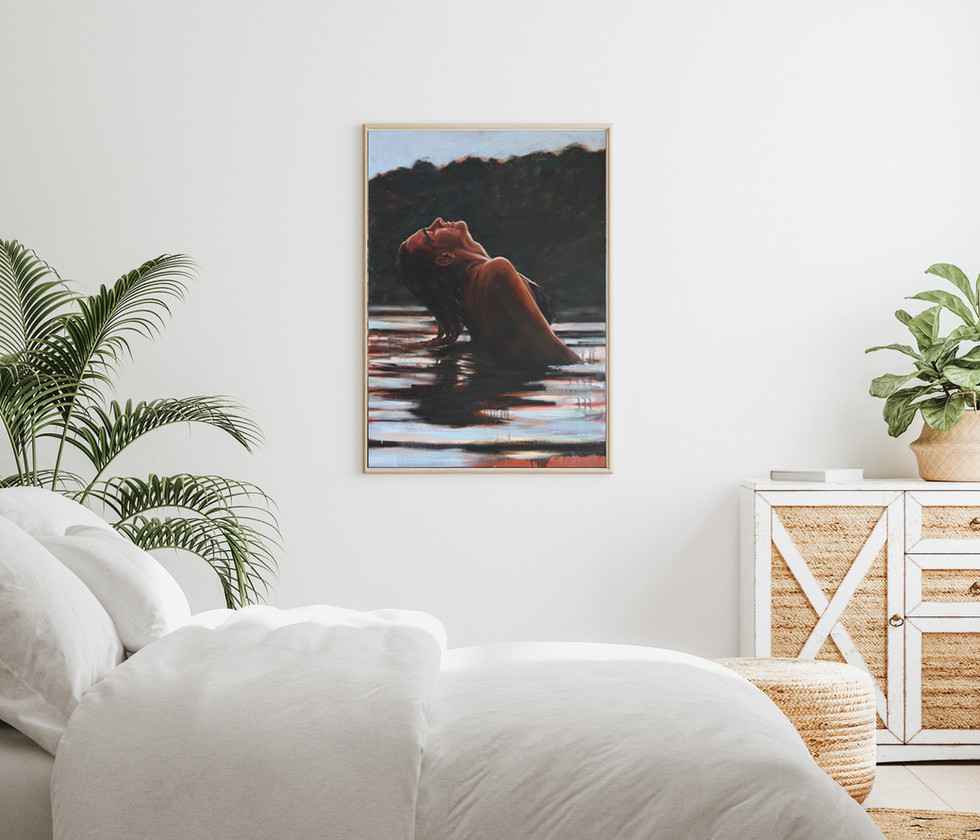 painting of a woman standing in water in the evening, hanging in a bedroom