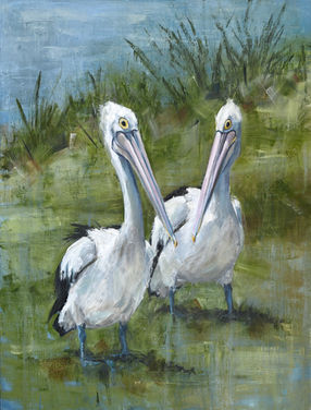 painting of two pelicans.