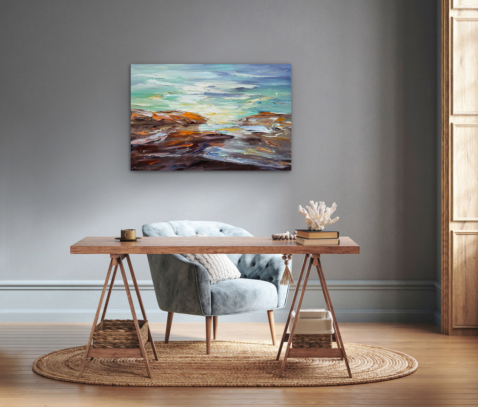 textured palette knife abstract seascape painting hanging in a home office
