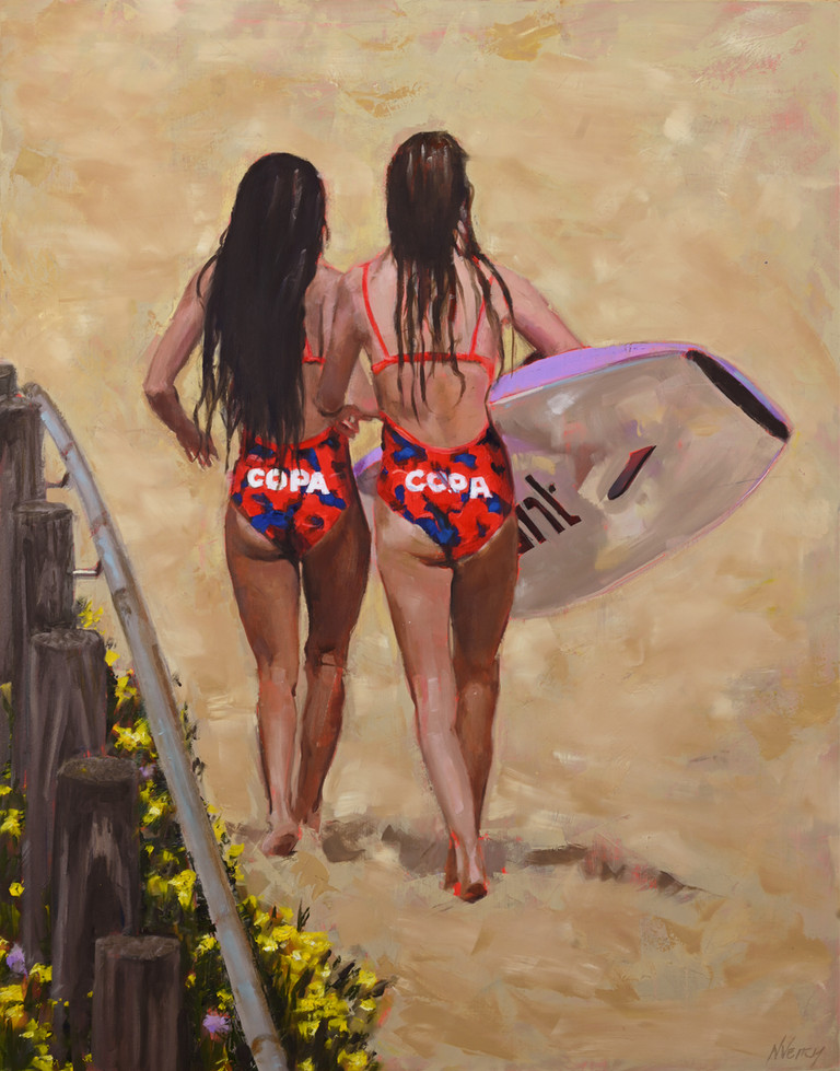 Oil painting of two girls with long wet hair walking on a beach path in red and blue Copa surf club swimsuits by Naomi Veitch