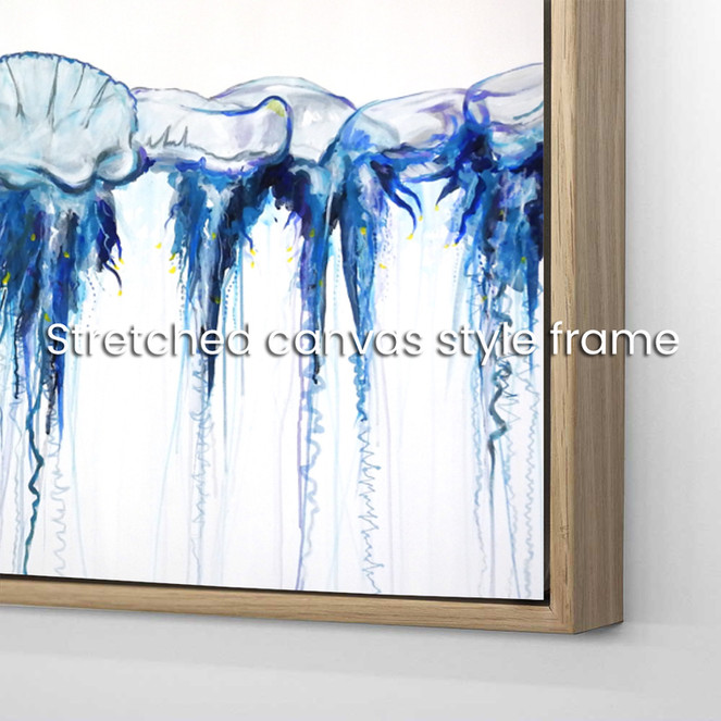 Close-up of the natural  oak timber frame grain on a 'Swarm 3' canvas print.