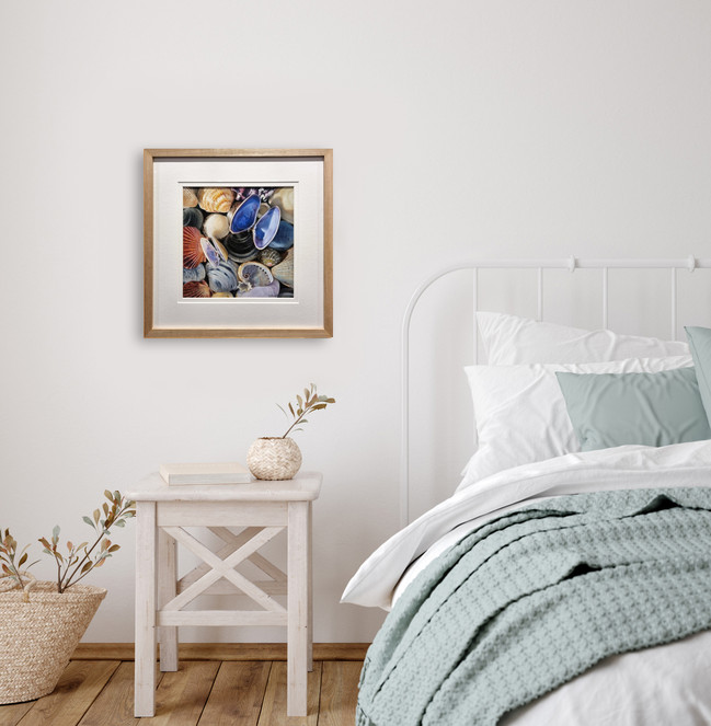 highly detailed pastel painting of a collection of seashells, framed in bedroom