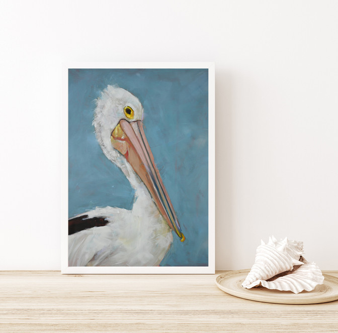 pelican portrait print, framed in white