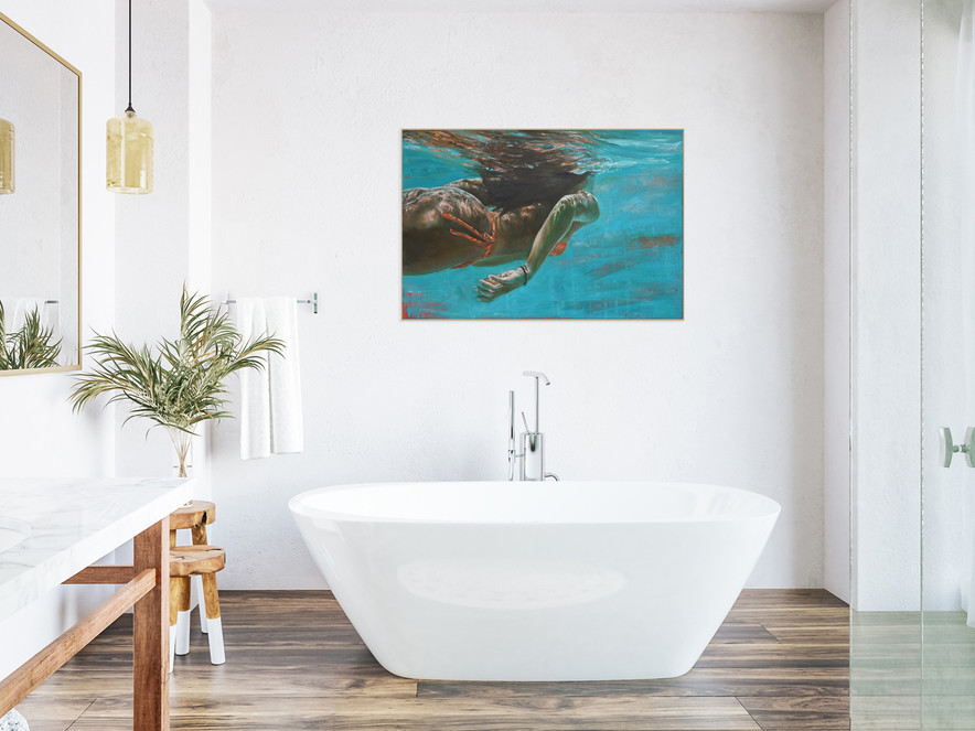 painting of a woman swimming underwater, wearing an orange bikini. Painting hanging in a bathroom.