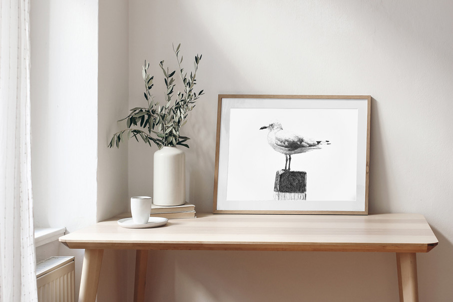 framed drawing of a seagull displayed on a console table.