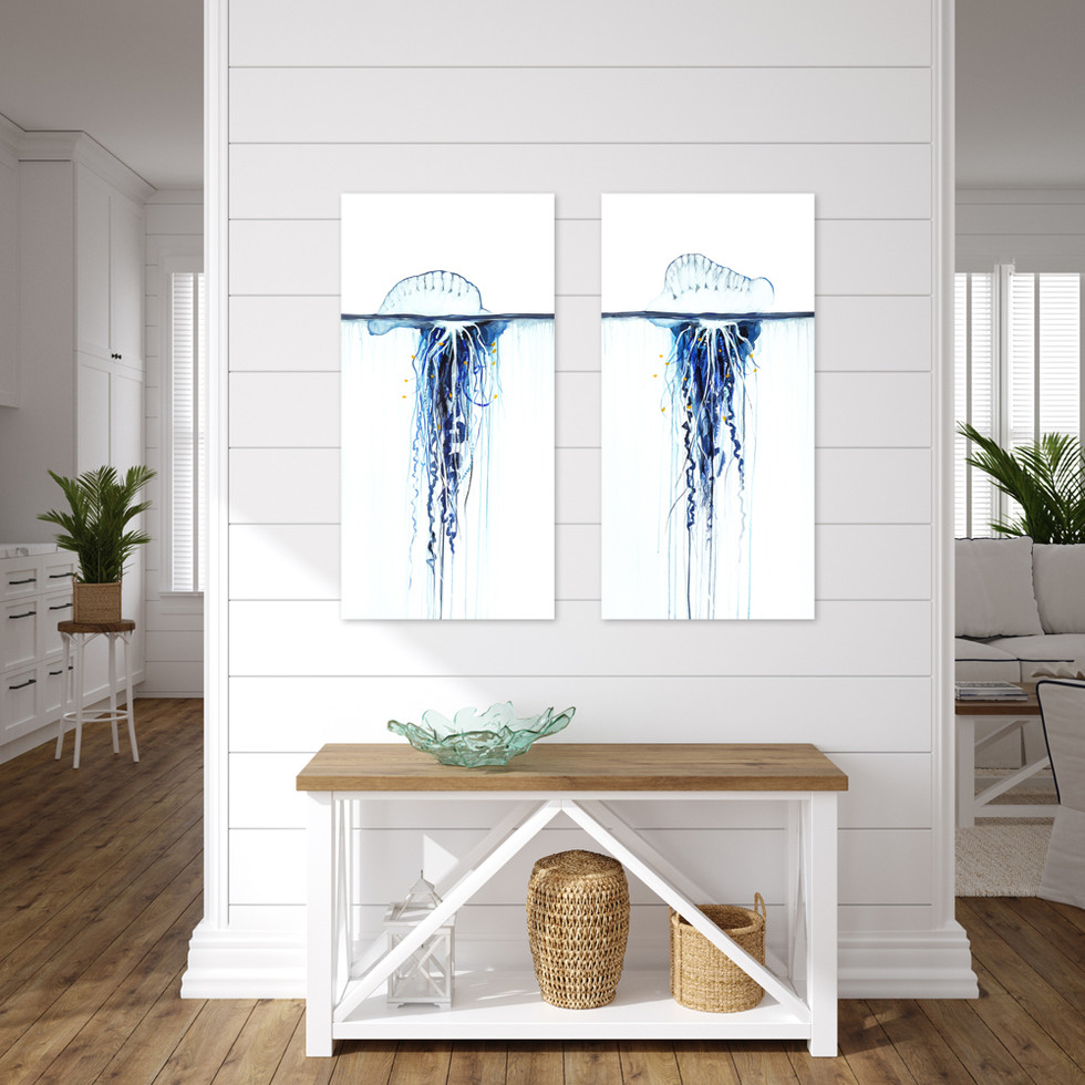 Two watercolor paintings of blue jellyfish