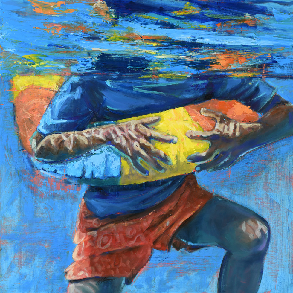 A close-up of a person's hands gripping a yellow and orange flotation device while partially submerged in blue water.